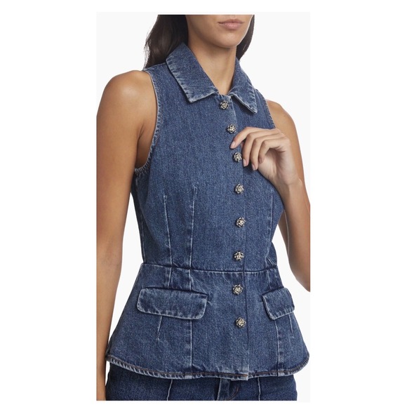 Self Portrait Denim Vest Peplum Flare Pants Set Blue Button Front Size 10 - Picture 6 of 13